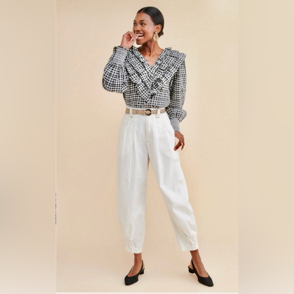 English Factory Tops - English Factory Gingham Plaid Print Ruffled V-Neck Women's Top M Black